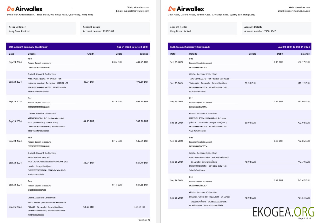 Relevé de compte de Hong Kong Airwallex Limited, 18 pages 3